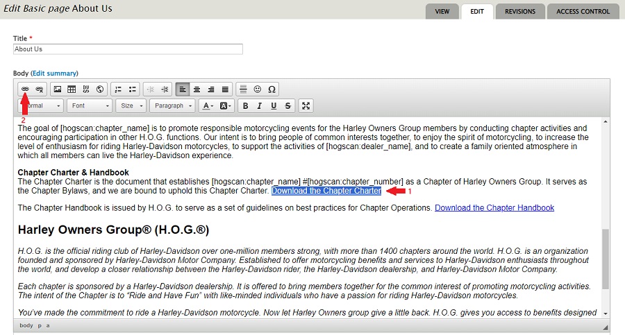 screenshot showing charter link highlighted and location of link icon