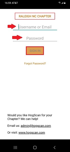 screenshot of hogscan login screen