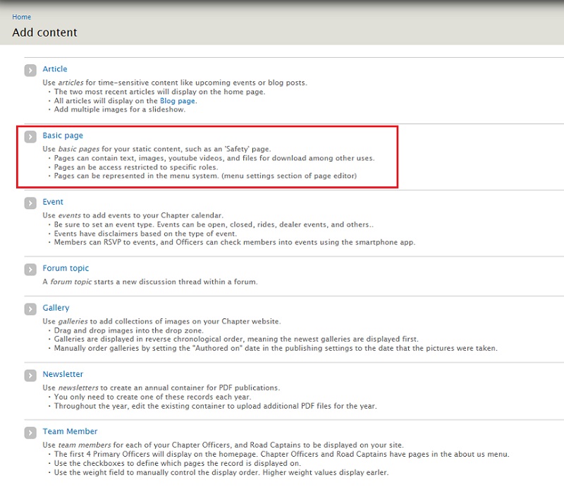 screenshot of add content page showing Basic page location
