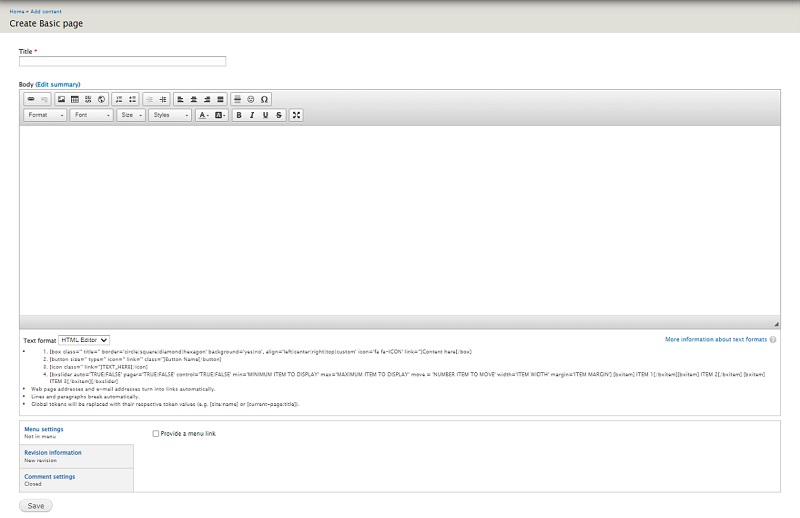 screenshot of Create Basic Page