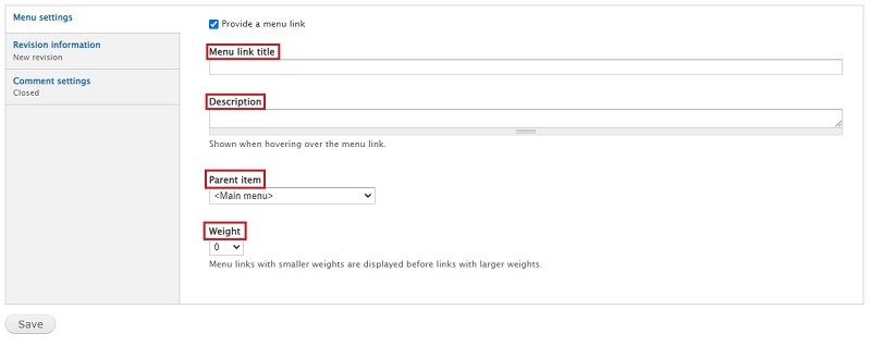 screenshot showing expanded options after clicking provide menu link checkbox