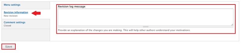 screenshot showing location of revision message field and save button