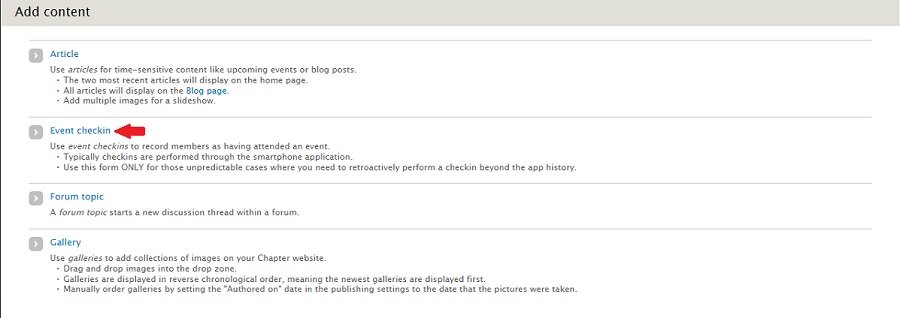 screenshot of add content page showing location of event checkin