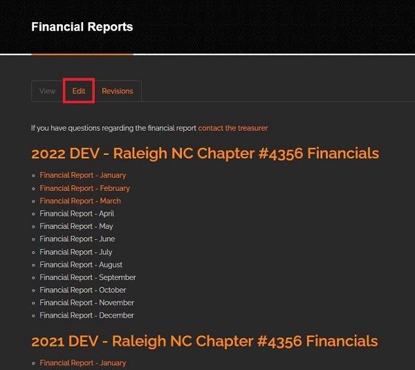 screenshot of Financial Reports page