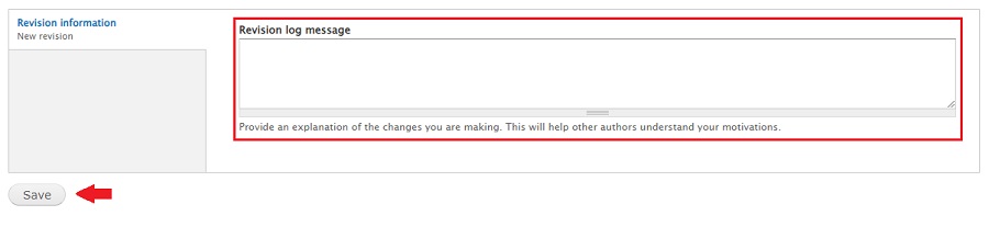 screenshot showing revision log message and save button