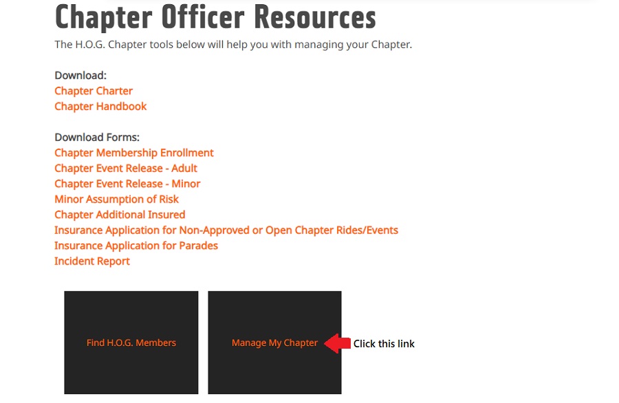 screenshot showing location of manage my chapter link