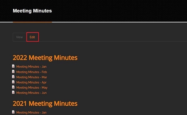 screenshot of meeting minutes page showing edit tab