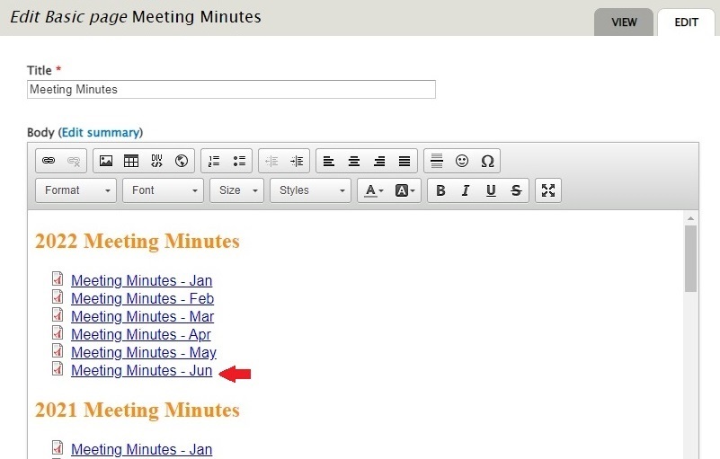 screenshot of edit basic meeting minutes page