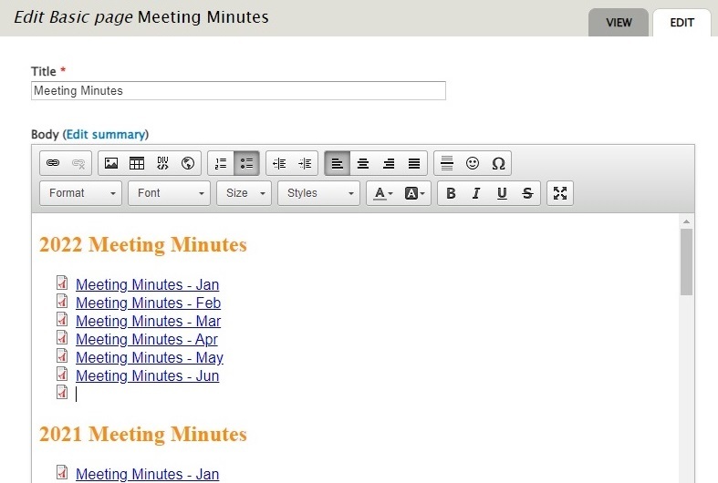 screenshot of meeting minutes with start of new line