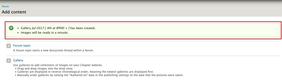 screenshot of gallery created successfully