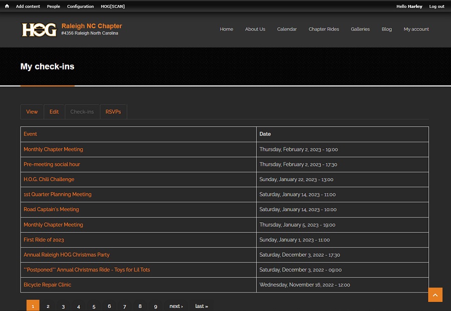 screenshot showing table of members check ins