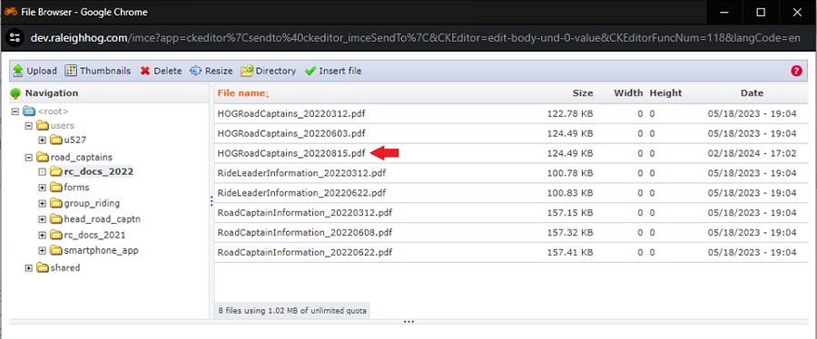 screenshot showing road captain documents for 2022