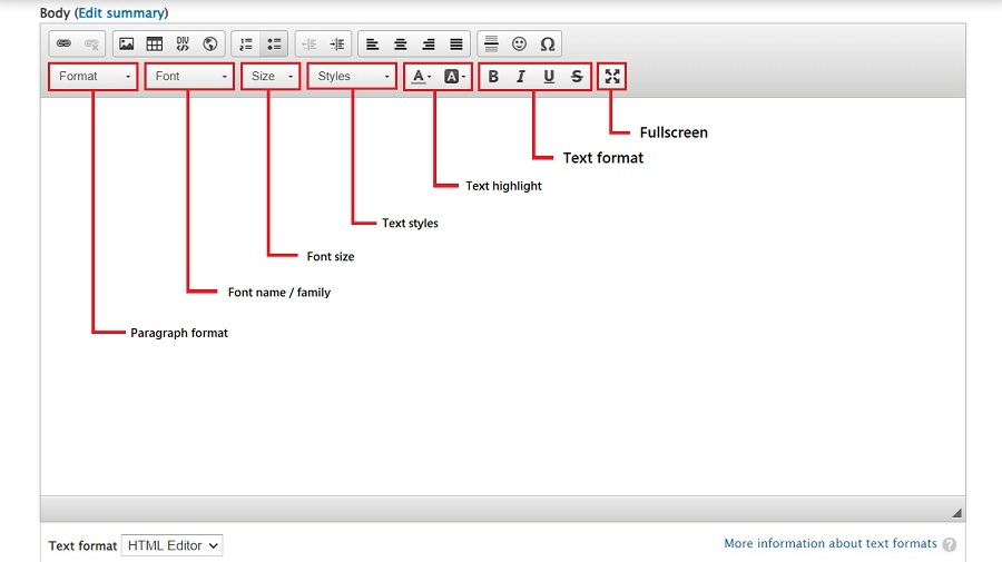 screenshot of default editor with text explaining bottom ribbon row